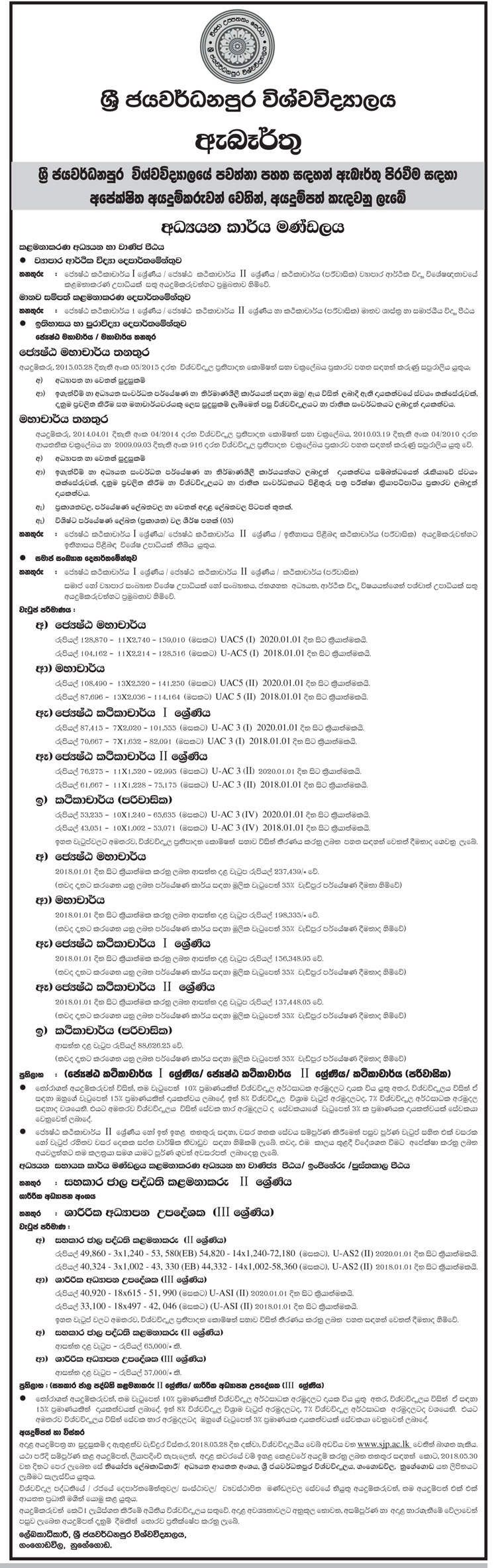 Senior Professor, Professor, Senior Lecturer, Lecturer, Assistant Network Manager, Instructor in Physical Education - University of Sri Jayewardenepura